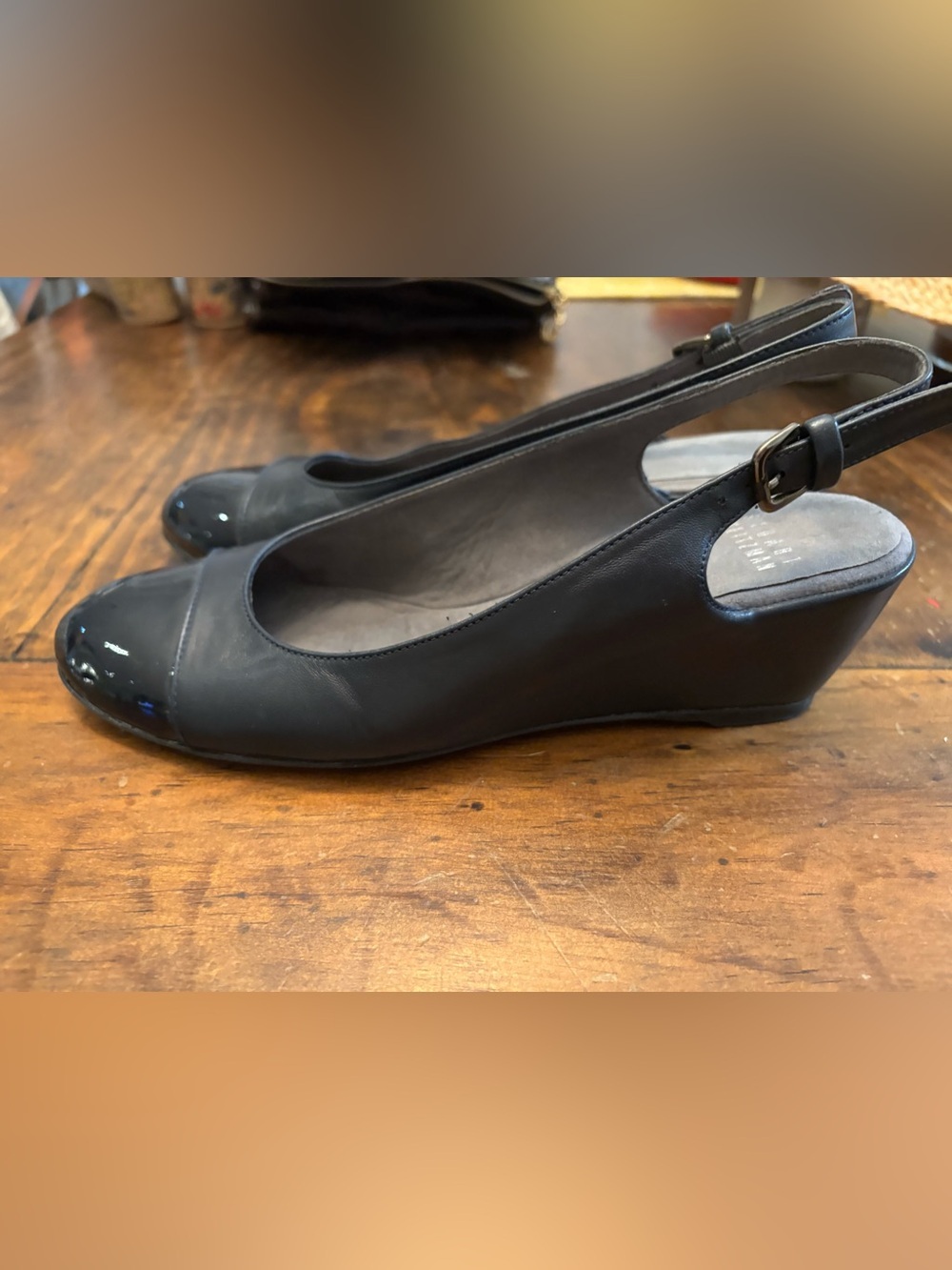 STUART WEITZMAN AUTH $399 Women Navy Blue Nappa Leather Tipin Cap Toe Wedge 6.5 - Picture 4 of 9